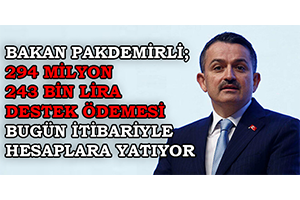 Bakan Pakdemirli; 294 Milyon 243 Bin Lira Destek Ödemesi Bugün İtibariyle Hesaplara Yatıyor